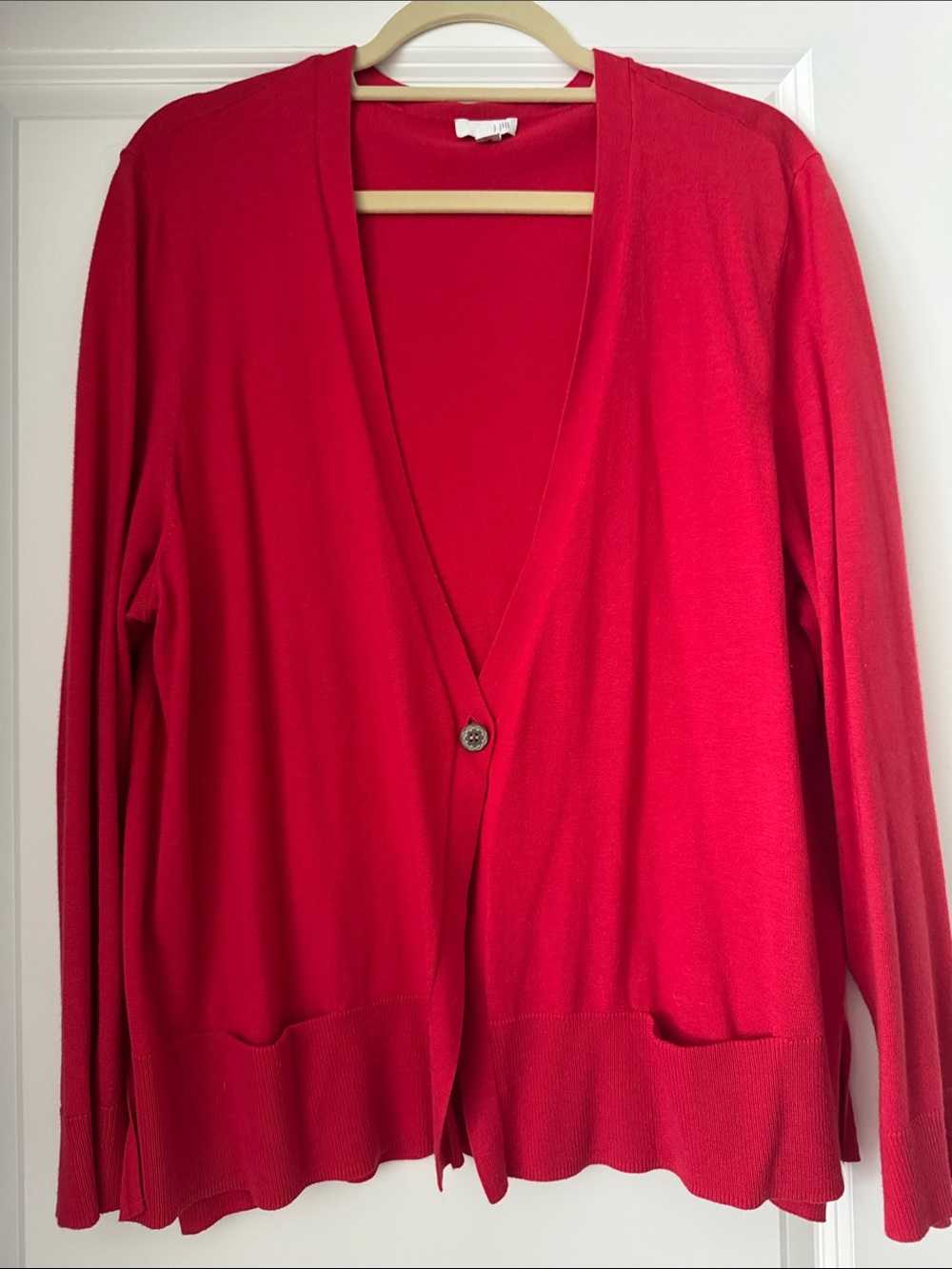 Red Women's V-Neck Cardigan Sweater (single button draped)